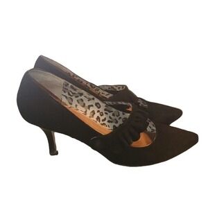 Ginger Goff Alfie Black Kid Suede Pumps Ruffle Mary Jane Kitten Heel 9.5M W/Box